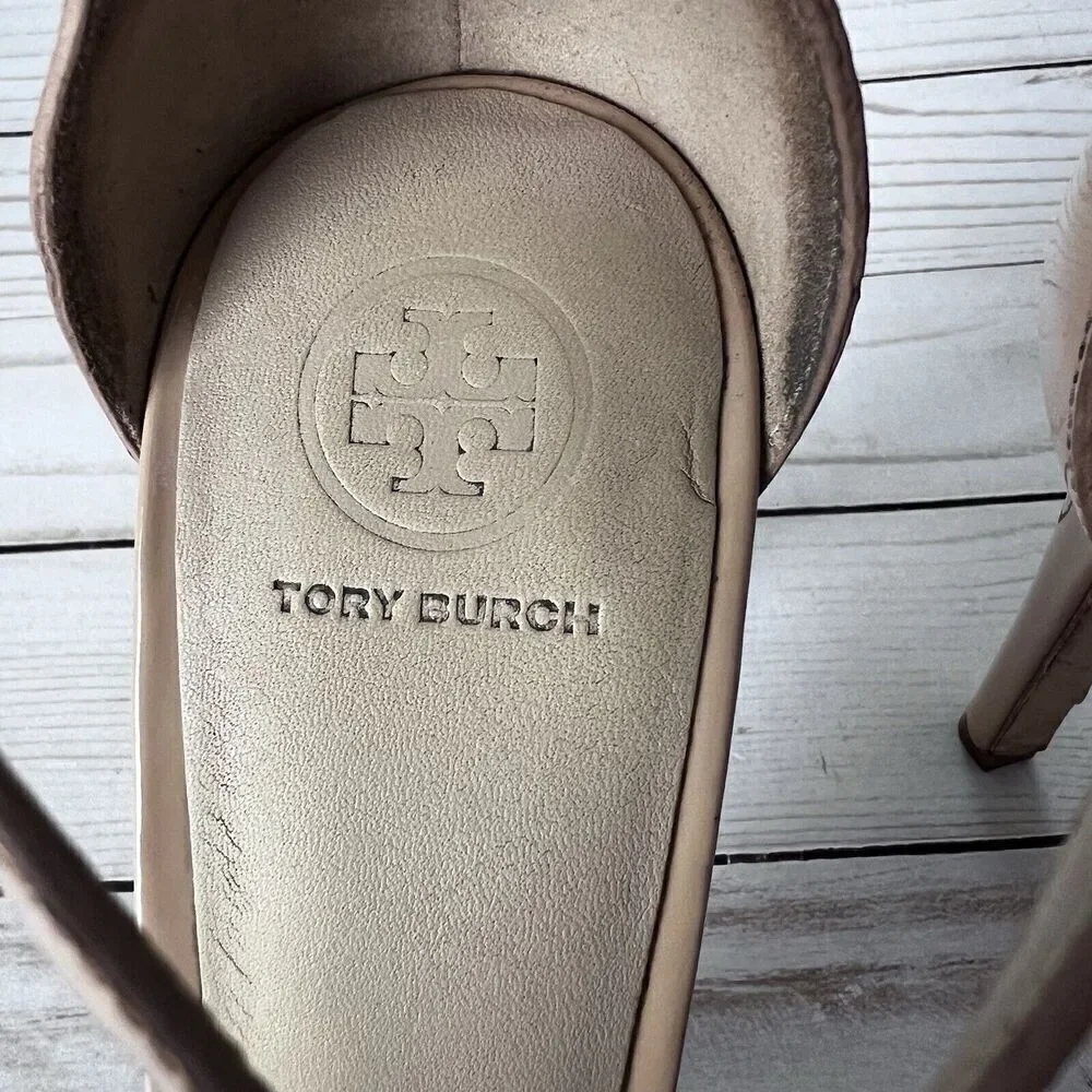 Tory Burch Shelley Heels Nude T Strap Stiletto Patent Leather Womens Size 9